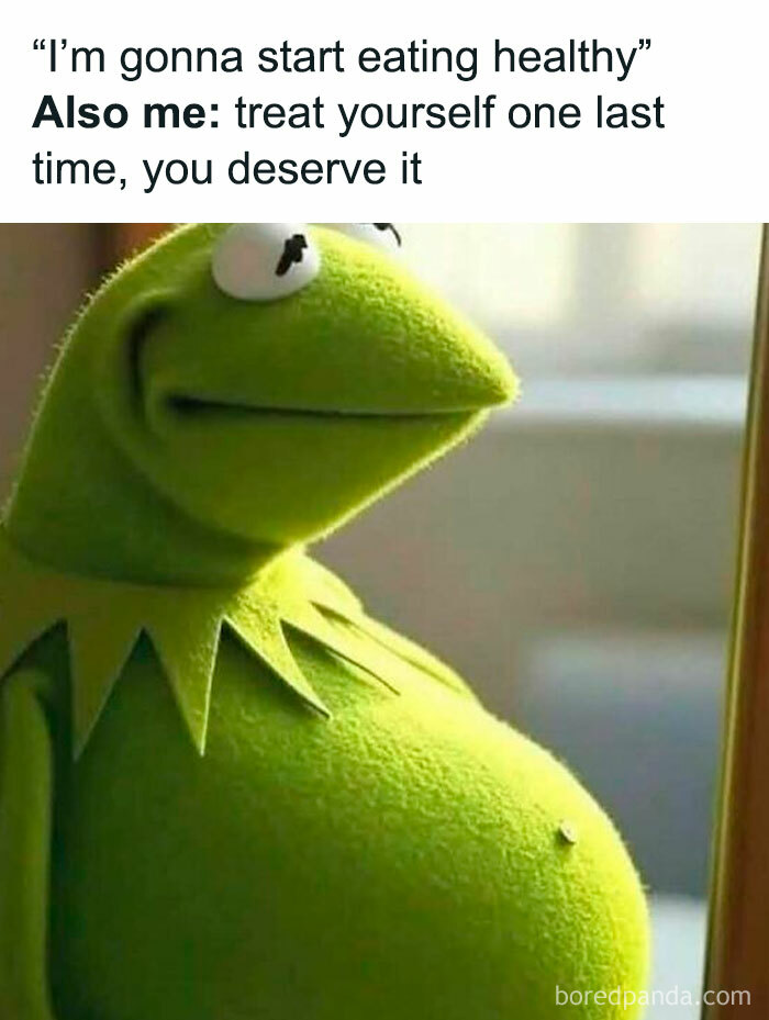 Kermit meme showing contradiction in healthy eating goals with a humorous belly pose for meme scrolling chuckle.