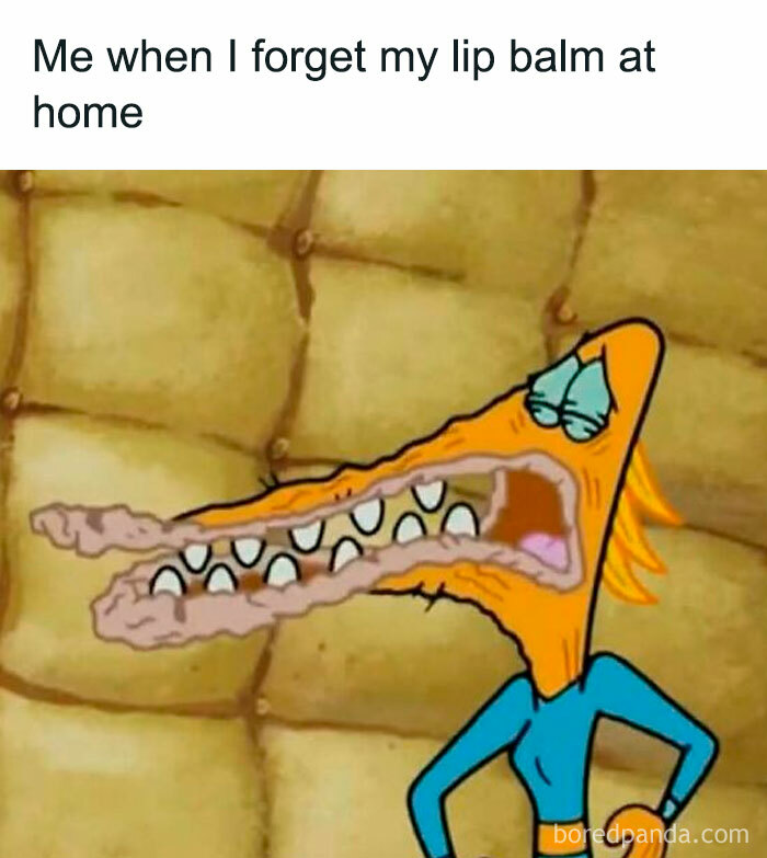 Cartoon character with an exaggerated dry mouth and tired eyes illustrating lip balm needs in a meme for meme scrolling chuckle.