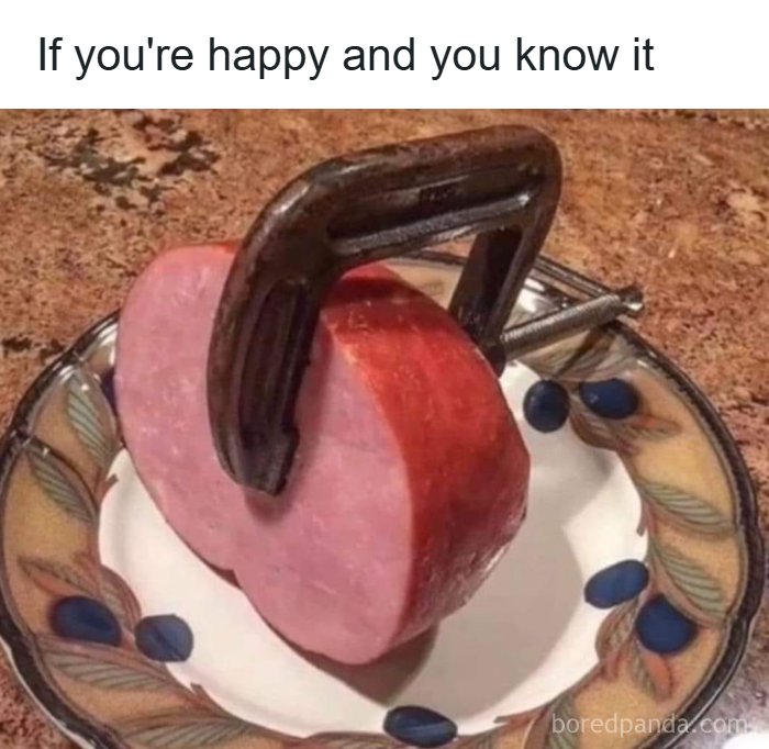 A funny USA meme showing a clamp on a piece of ham, illustrating the phrase "clap your hands" from a song.