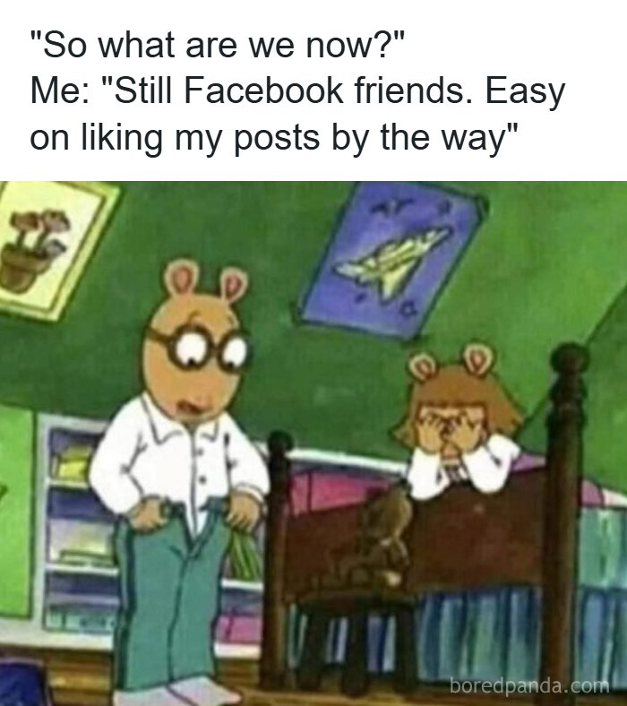 USA Memes: Arthur and DW with text about Facebook friends and liking posts, a relatable meme.