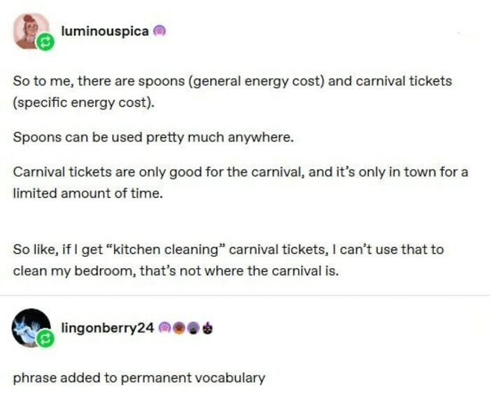 Text meme about spoons as general energy and carnival tickets as specific energy costs, from relatable life humor posts.