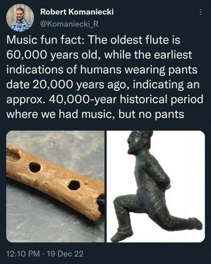 Humorous meme about the oldest flute and ancient humans wearing no pants, relatable content from people who gave up on life humor
