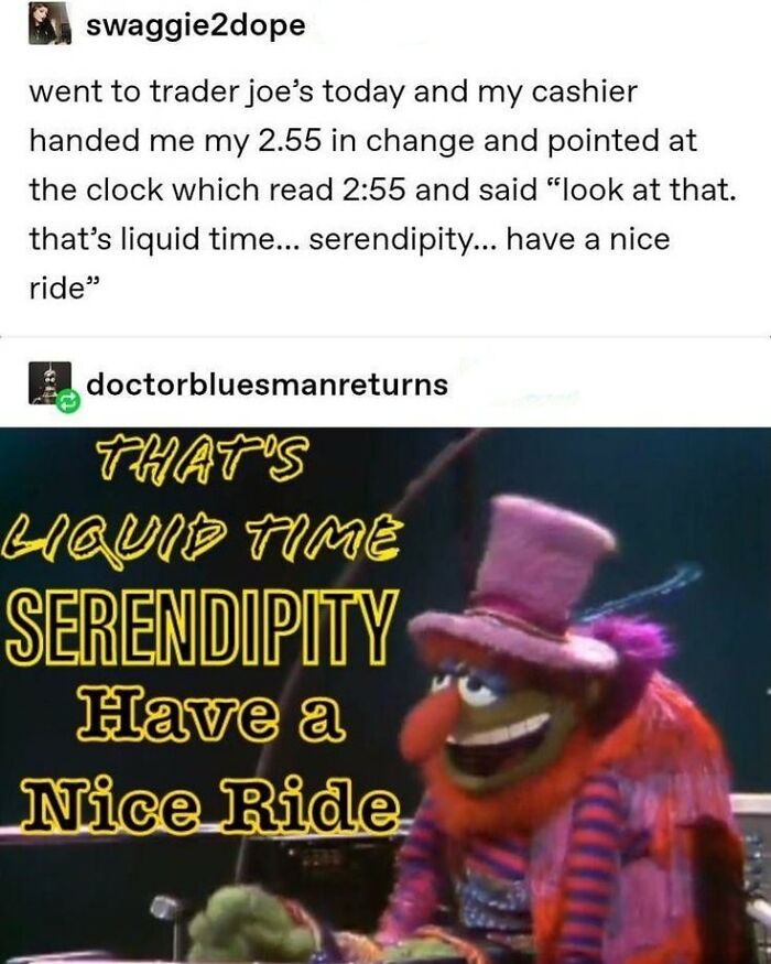 Meme featuring a humorous Trader Joe’s cashier moment with text about liquid time and serendipity humor.