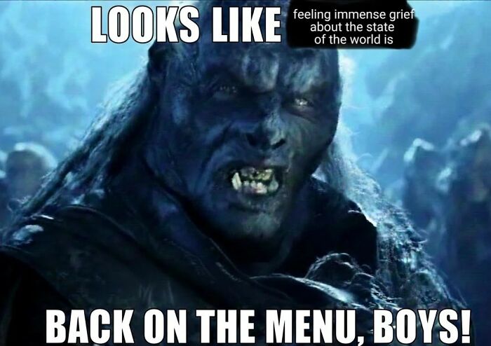 Dark fantasy creature meme illustrating relatable humor about giving up on life but keeping humor intact.