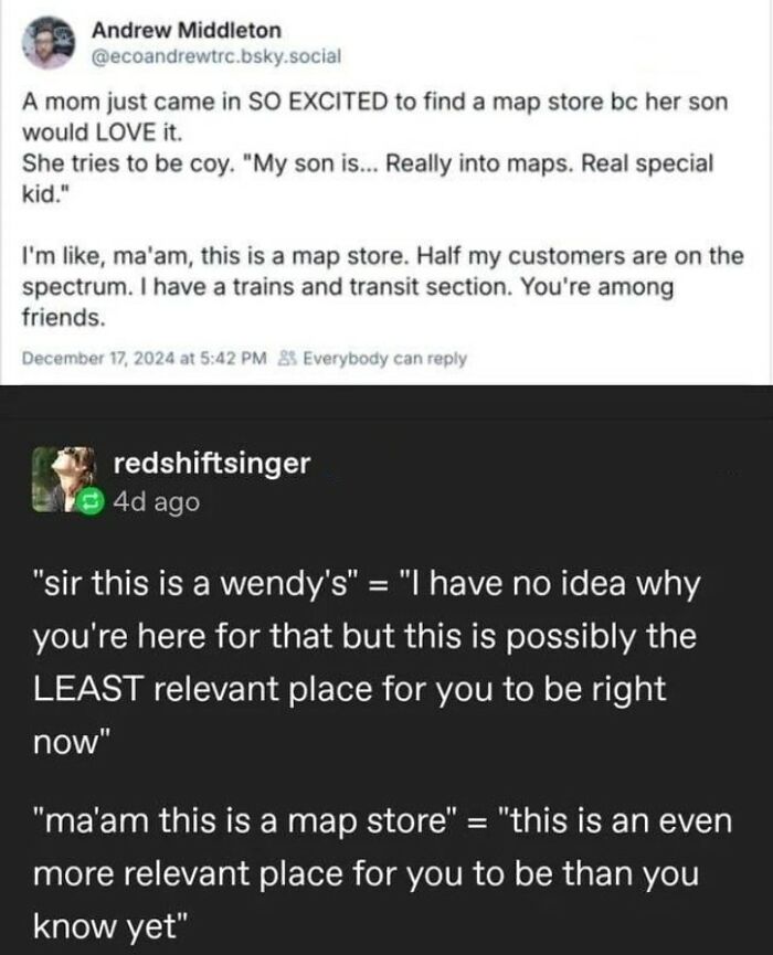 Screenshot of humorous text posts about a map store, illustrating relatable memes from people who gave up on life but not humor.