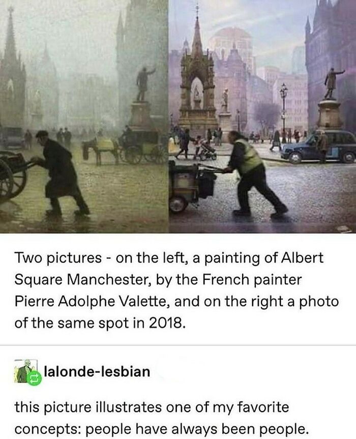 Side-by-side image of Albert Square Manchester painting and 2018 photo, showing relatable humor in everyday life moments.