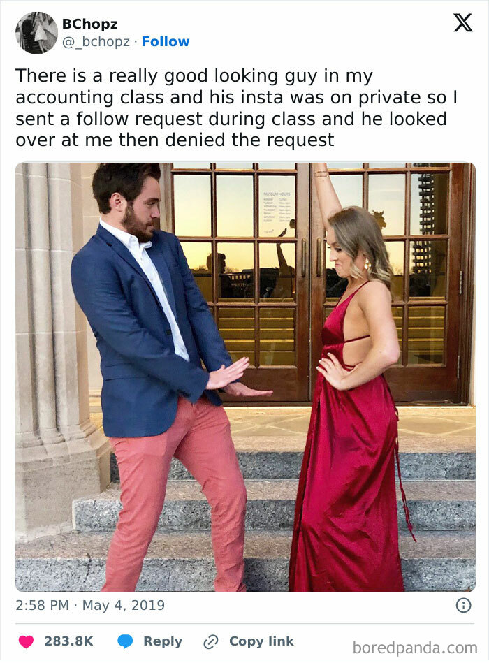 A relatable meme showing a man denying a woman in a red dress after she sent a follow request.