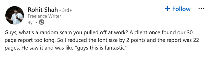 LinkedIn post by freelance writer sharing a relatable work story about reducing report length, part of painfully relatable memes.