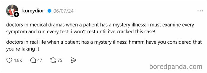 Tweet meme comparing doctors in medical dramas and real life with a painfully relatable meme about mystery illness symptoms.