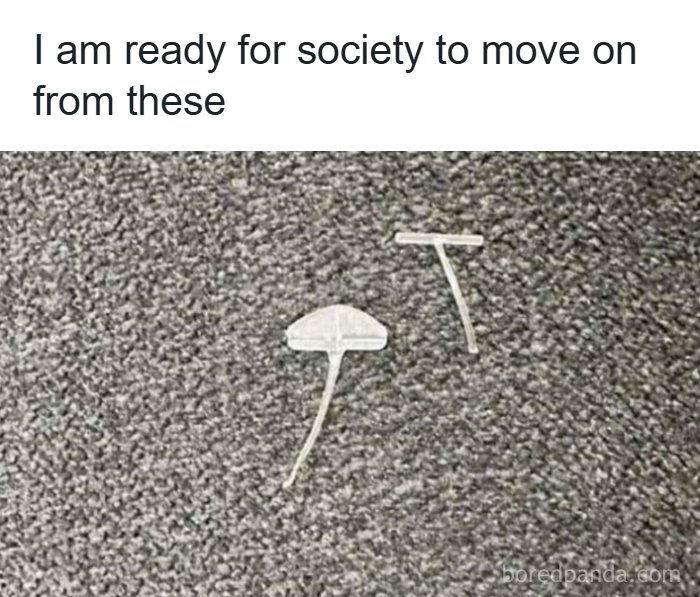 Alt text: Two plastic security tags on carpet with text about society moving on, relatable memes capturing shared experiences.