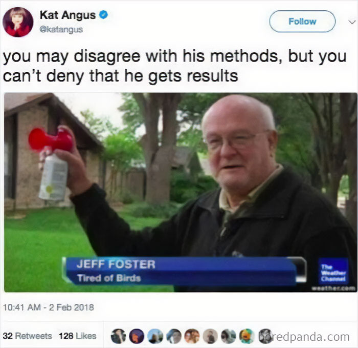 Man holding air horn labeled tired of birds in funny and lighthearted meme for safe-for-work content.