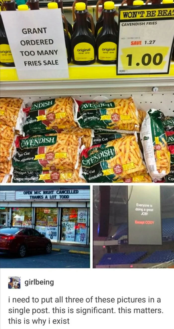 Funny and lighthearted safe-for-work memes showing grocery humor, a cancelled event sign, and a scoreboard message at an arena.