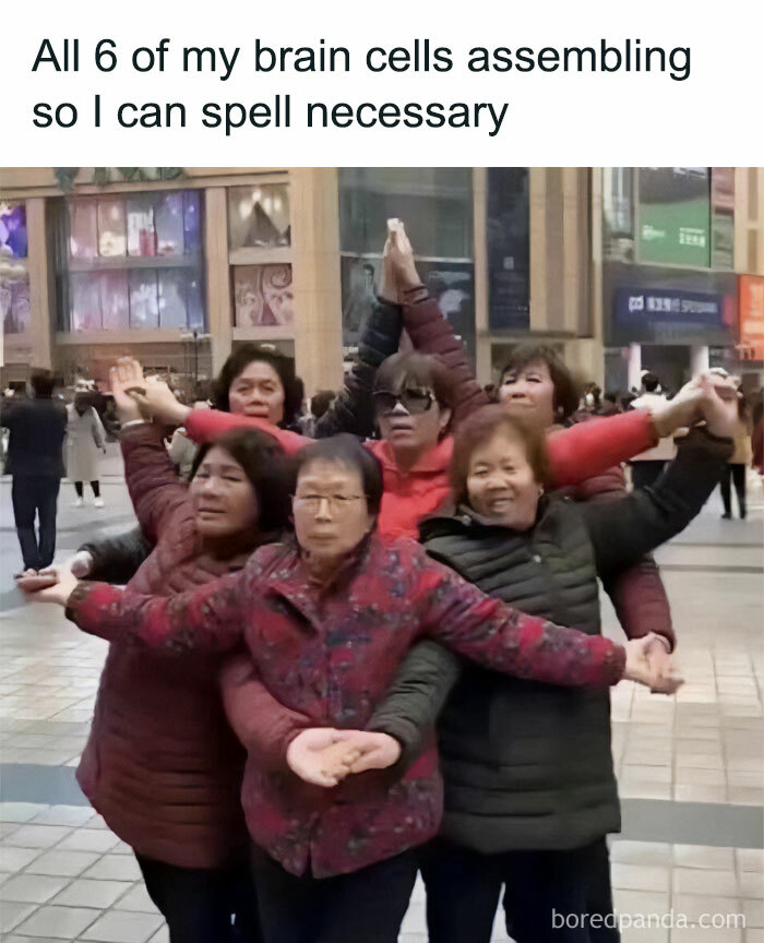 Group of six older women standing together with arms raised in a funny pose, a lighthearted meme for safe-for-work humor.