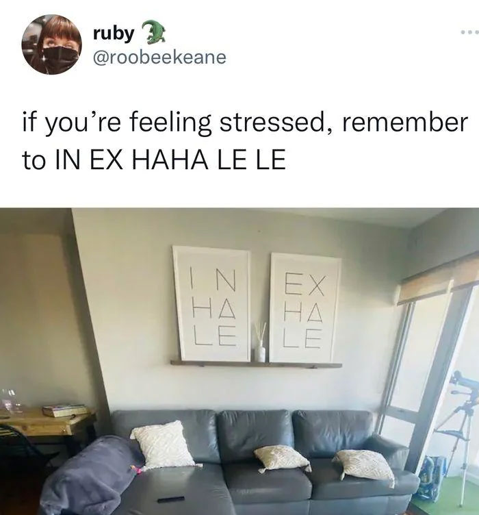 Funny and lighthearted meme showing a living room with inhale exhale wall art for safe-for-work humor fans