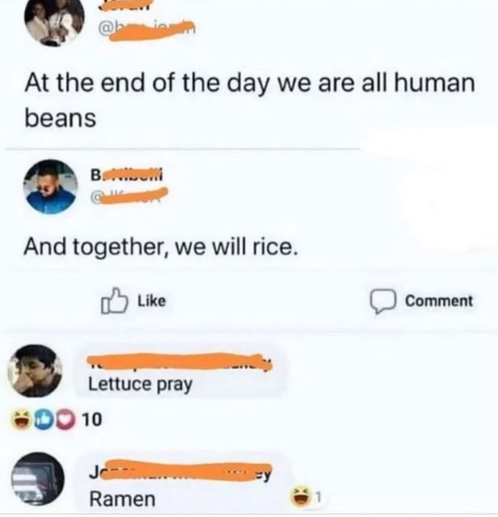 Funny and lighthearted safe-for-work meme with puns about human beans, rice, lettuce, and ramen in social media comments.