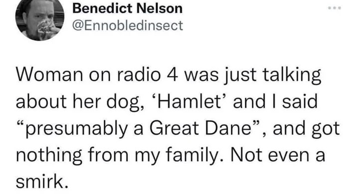 Tweet about mishearing the name of a dog called Hamlet, sharing a lighthearted safe-for-work meme for dog lovers.