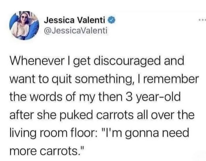 Funny and lighthearted safe-for-work meme text about staying motivated despite challenges with a humorous carrot story.
