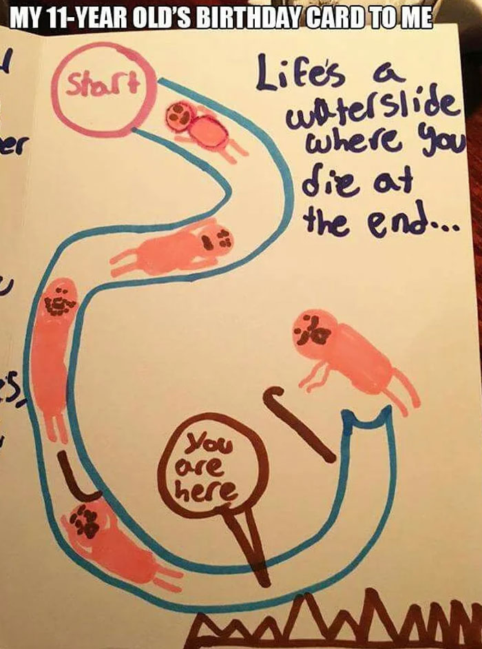 Hand-drawn funny meme showing a waterslide with figures and text about life’s end, fitting safe-for-work humor.