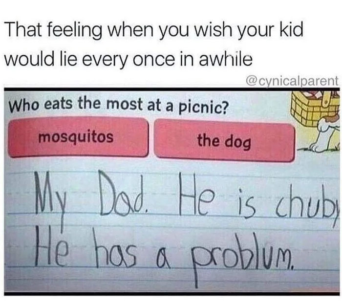 Child's handwritten answer about who eats the most at a picnic, featured in funny and lighthearted safe-for-work memes.