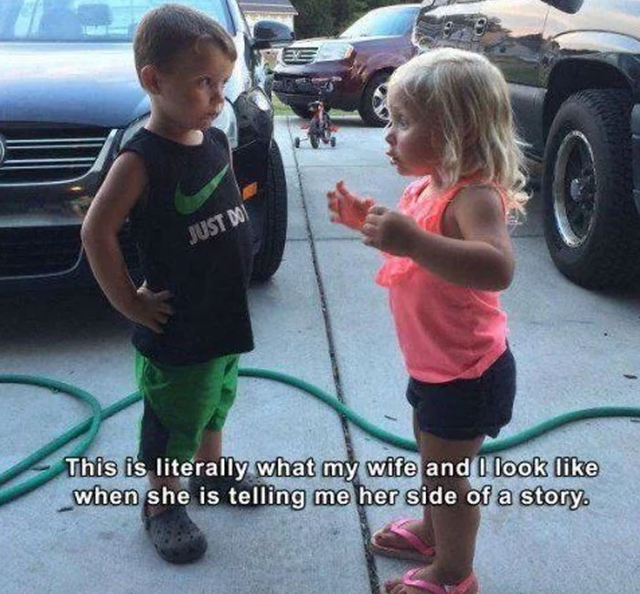 Two young kids having a serious conversation outdoors, funny and lighthearted safe-for-work meme.