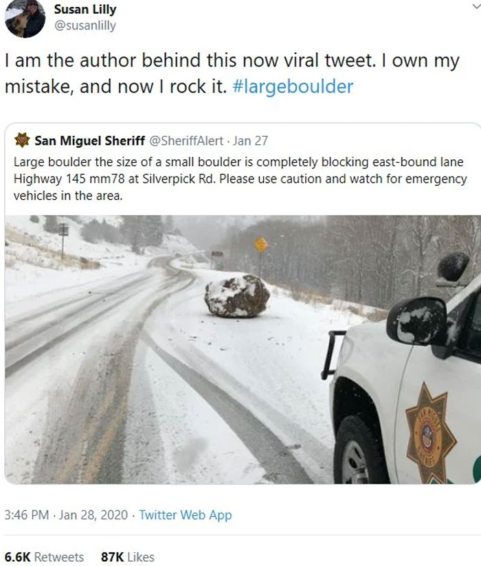 Tweet showing a snowy road blocked by a large boulder and a sheriff truck, featured in funny and lighthearted safe-for-work memes.