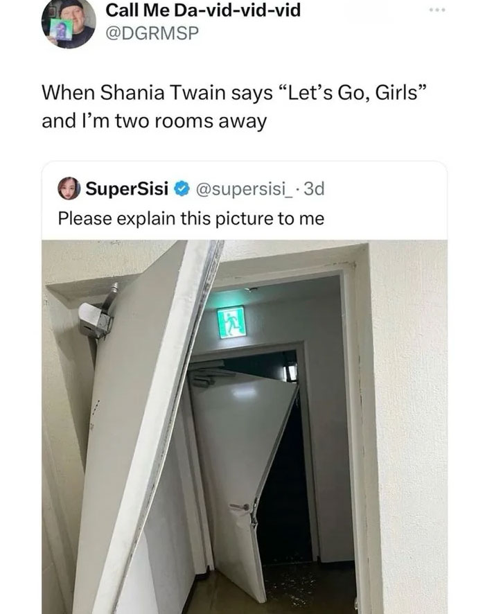 Funny and lighthearted safe-for-work meme showing two misaligned doors in a hallway with an emergency exit sign above.