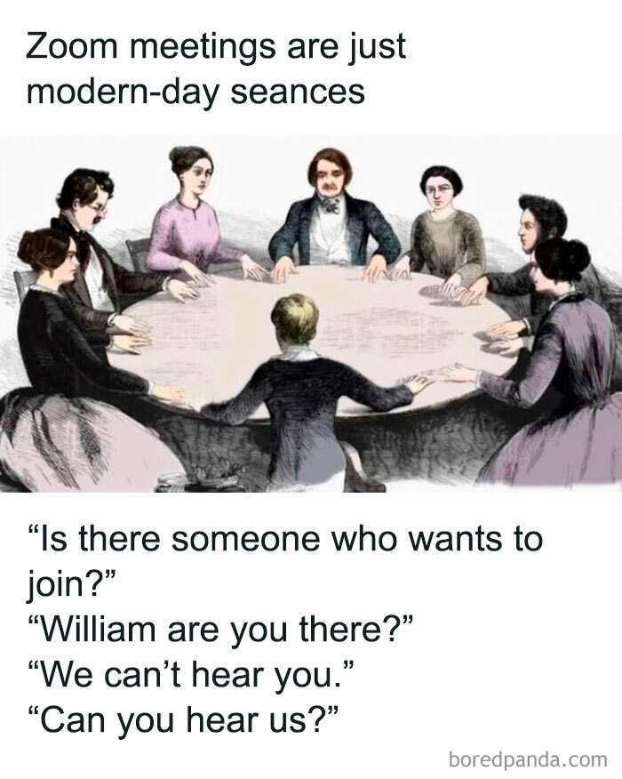 Vintage illustration of people around a table with captions about Zoom meetings as modern-day seances, a lighthearted meme.