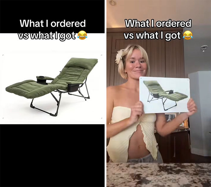 Side-by-side image showing a woman holding a photo of a Temu order versus what she actually received, illustrating a funny Temu fail.