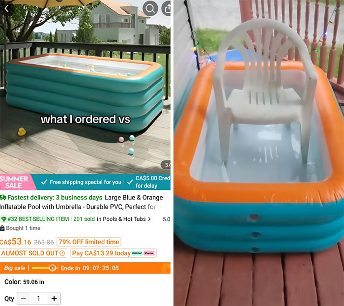 Inflatable pool ordered from Temu versus actual small pool with a plastic chair inside on a porch deck.
