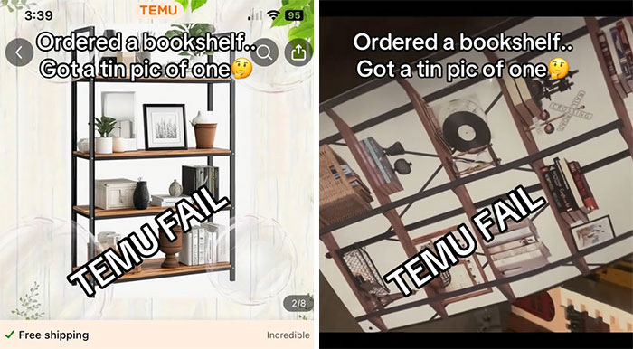 Side-by-side images showing a bookshelf ordered from Temu and the small tin picture actually received, labeled Temu fail.