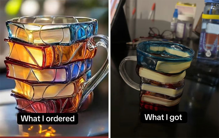 Stacked bookshelf-themed mugs ordered from Temu vs the poorly made product received, highlighting a funny Temu shopping lesson.