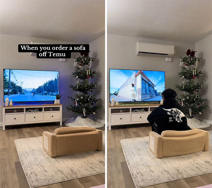 Small sofa from Temu placed on rug in front of TV with Christmas tree nearby in a modern living room setting.