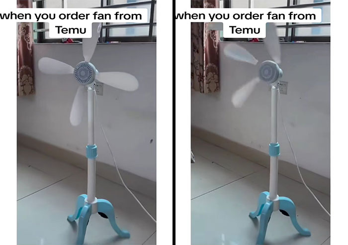 Two side-by-side images showing a blue and white fan ordered from Temu, with one image showing a broken fan blade.