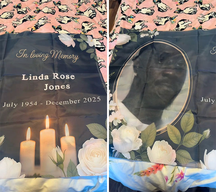 Fun Temu order gone wrong with a memorial blanket showing a cat instead of the intended photo and text.