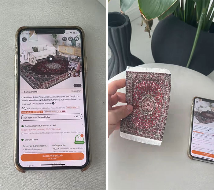 Person holding a miniature rug next to phone showing a Temu order of a full-sized carpet, illustrating funny lessons learned.