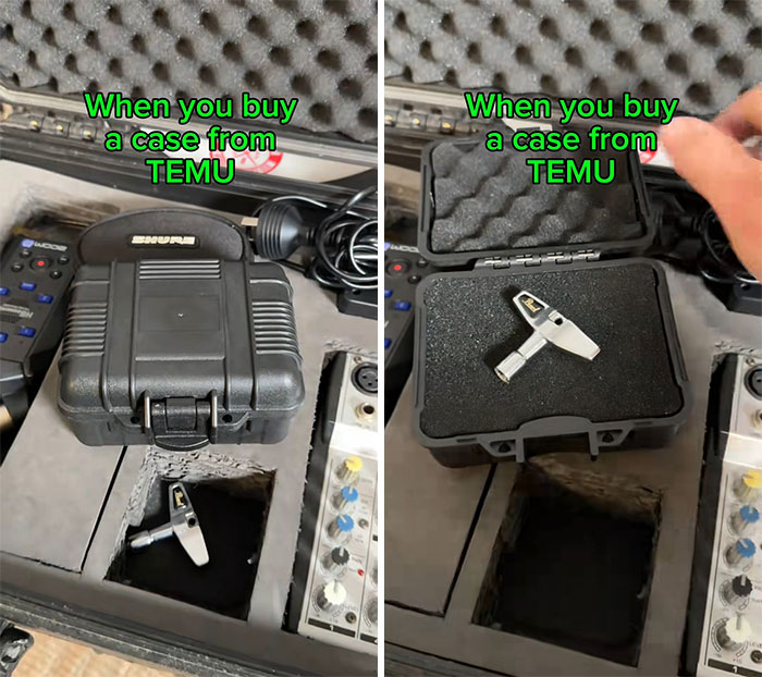 Black protective case from Temu shown closed and opened with a small tool inside, highlighting surprising order experience.