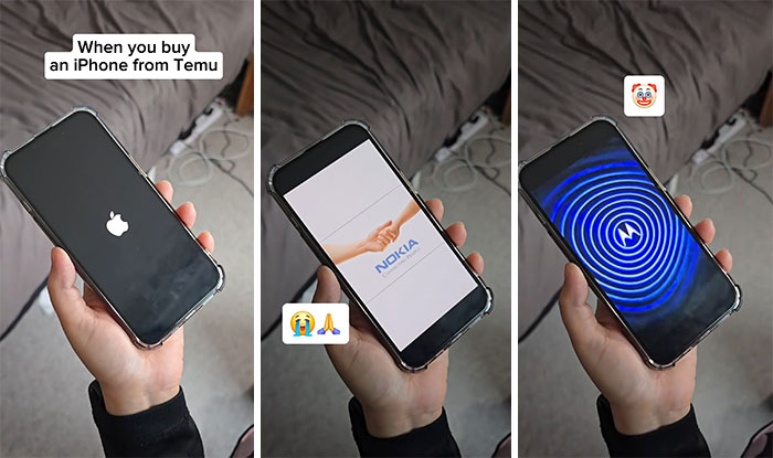 Hand holding phones showing unexpected results after ordering from Temu, illustrating funny Temu shopping lessons.