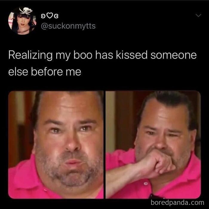 Man in pink shirt making shocked and emotional faces, a relatable meme about romantic relationships and trust issues.