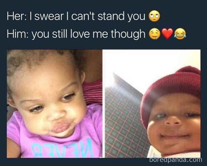 Cute baby girl making a pouty face and baby boy smiling, illustrating funny romantic relationships memes.