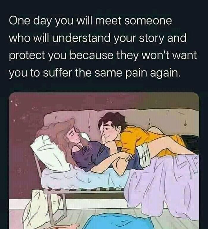 Romantic relationships meme showing a caring couple in bed with a comforting message about understanding and protection.
