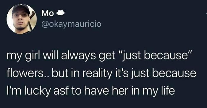 Tweet about romantic relationships expressing gratitude with humor in a meme capturing relationship moments and feelings.