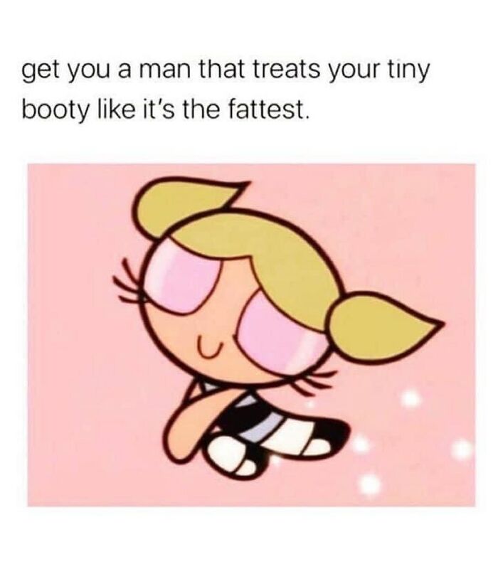 Cartoon character with blonde pigtails and pink eyes, caption humorously about romantic relationships and appreciation.