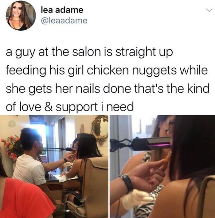 Couple at salon showing love and support as guy feeds his girlfriend chicken nuggets during her nail appointment.