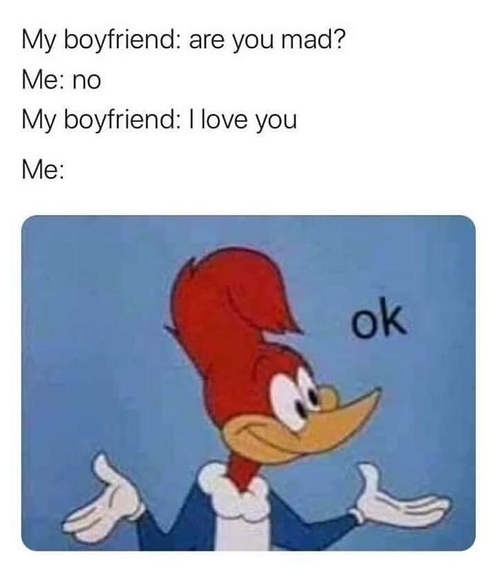 Meme showing Woody Woodpecker with caption about confusing romantic relationship messages in funny memes.
