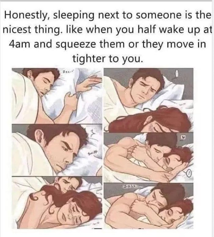 Romantic relationship meme showing a couple sleeping together, illustrating love and closeness in relationships.