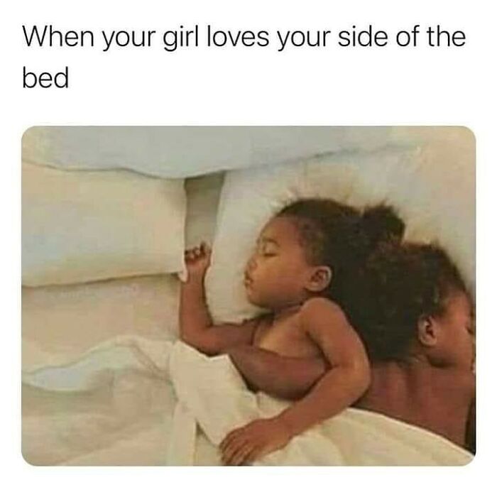 Two children sleeping close together, illustrating a funny romantic relationships meme about sharing the bed.
