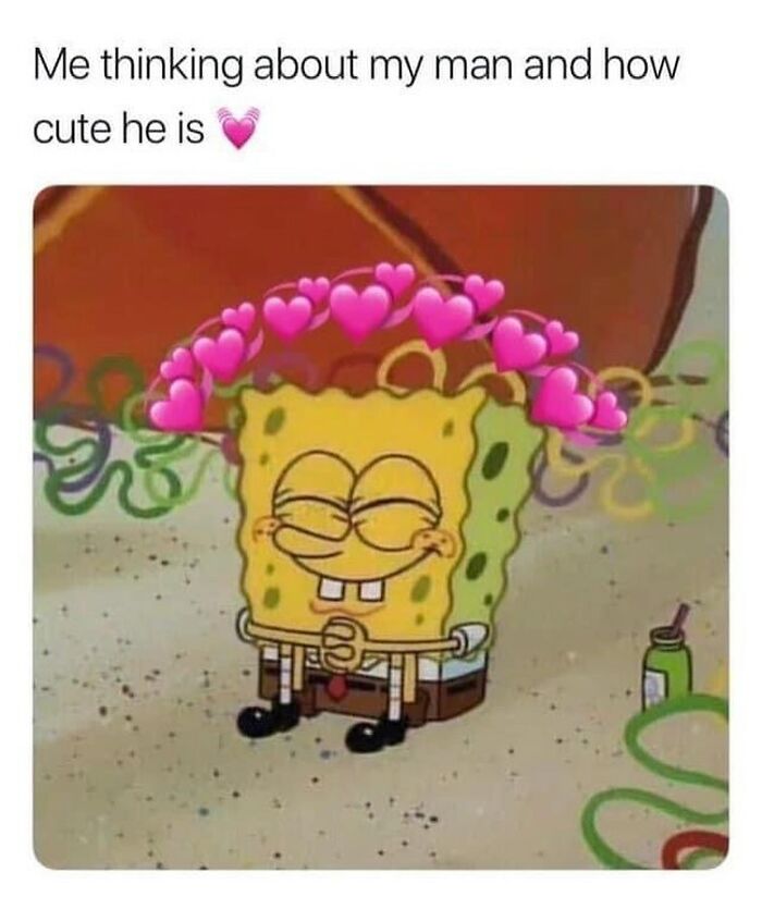 SpongeBob with pink heart emojis around his head, smiling and thinking about romantic relationships.