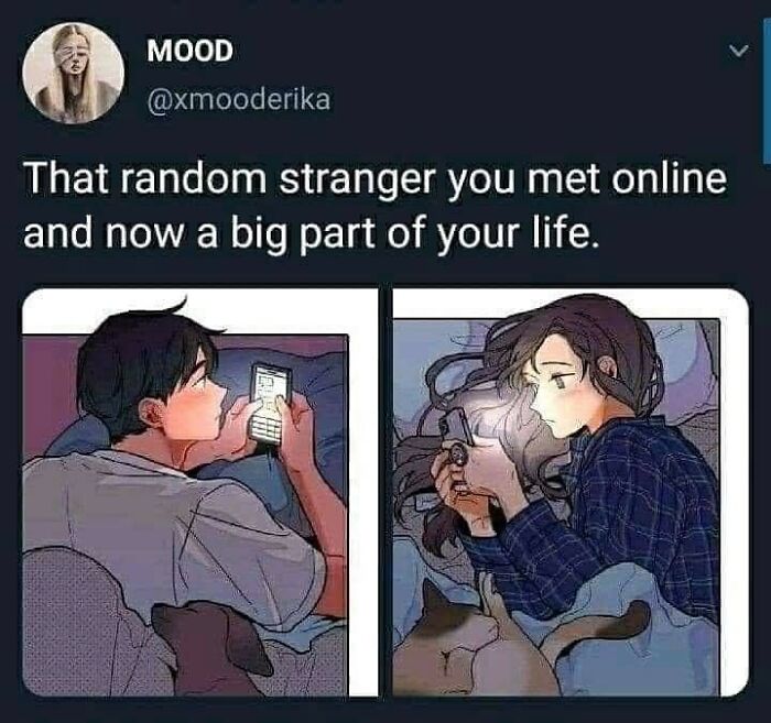 Couple texting in bed late at night, illustrating romantic relationships through a relatable and funny meme.