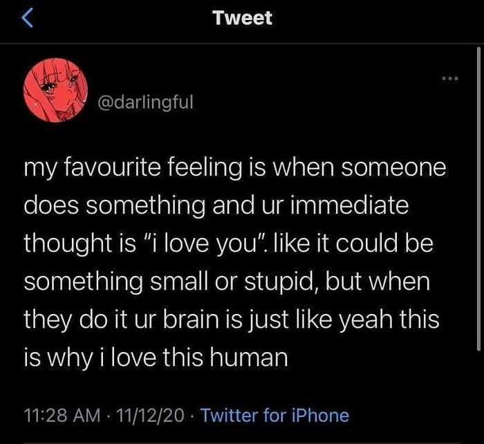 Tweet about the feeling of love and appreciation in romantic relationships captured in a relatable meme format.