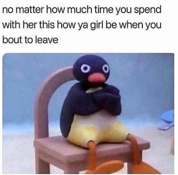 Penguin character sitting with arms crossed and upset expression, illustrating funny romantic relationships meme.